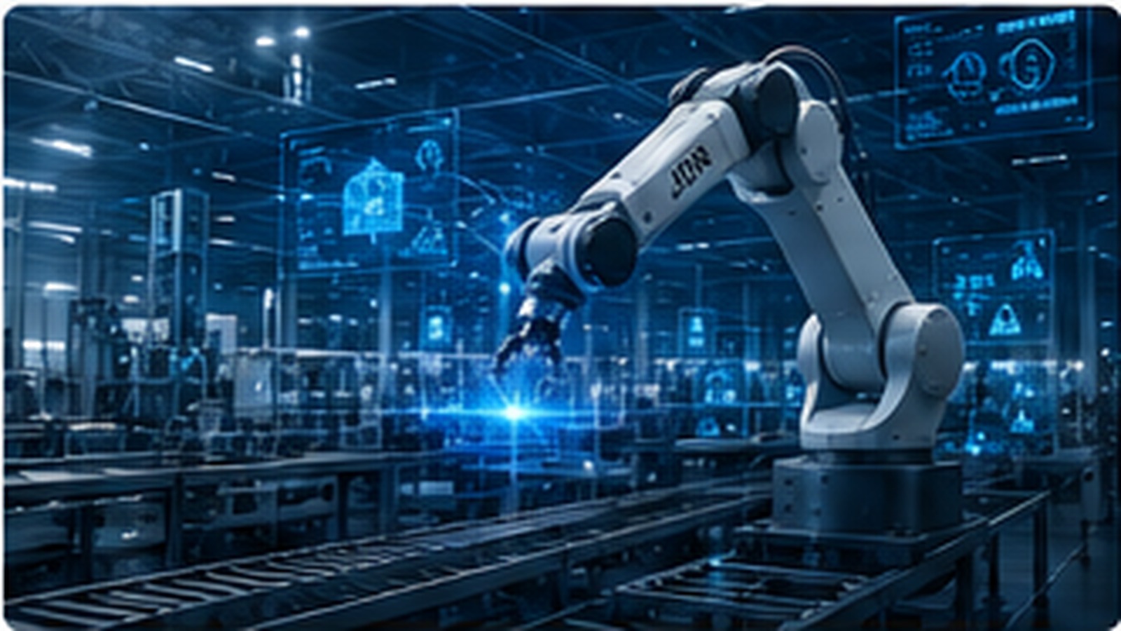 産業用ロボットとデジタルツインを表現したイメージ
